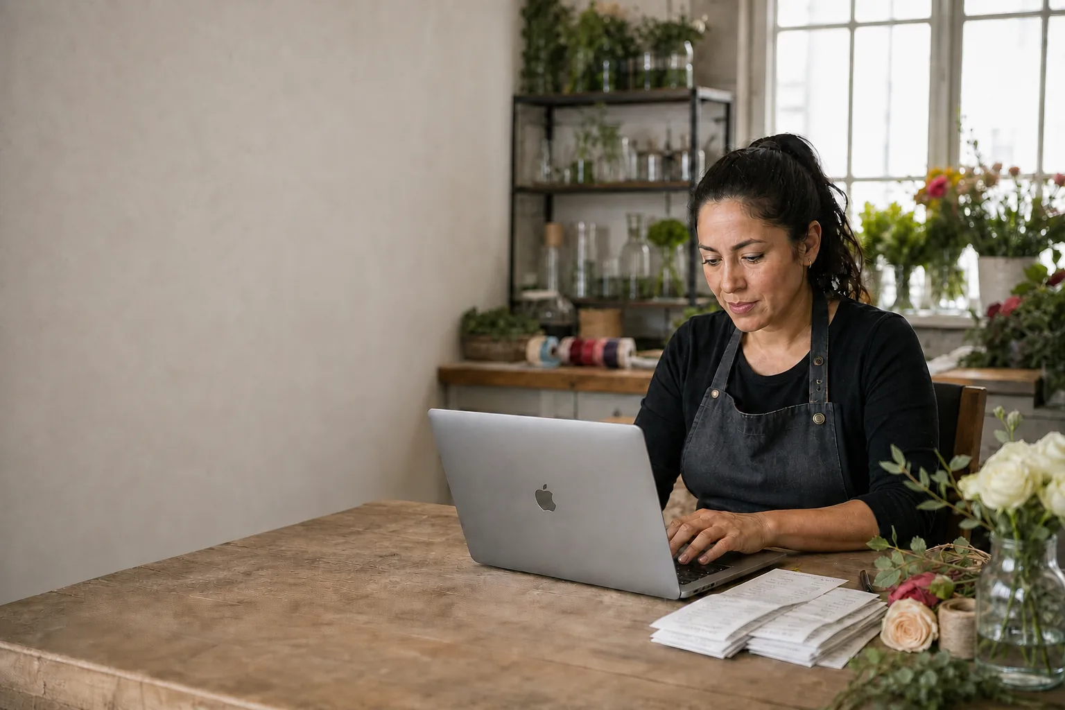 A floral studio owner using a MacBook to review a business workflow