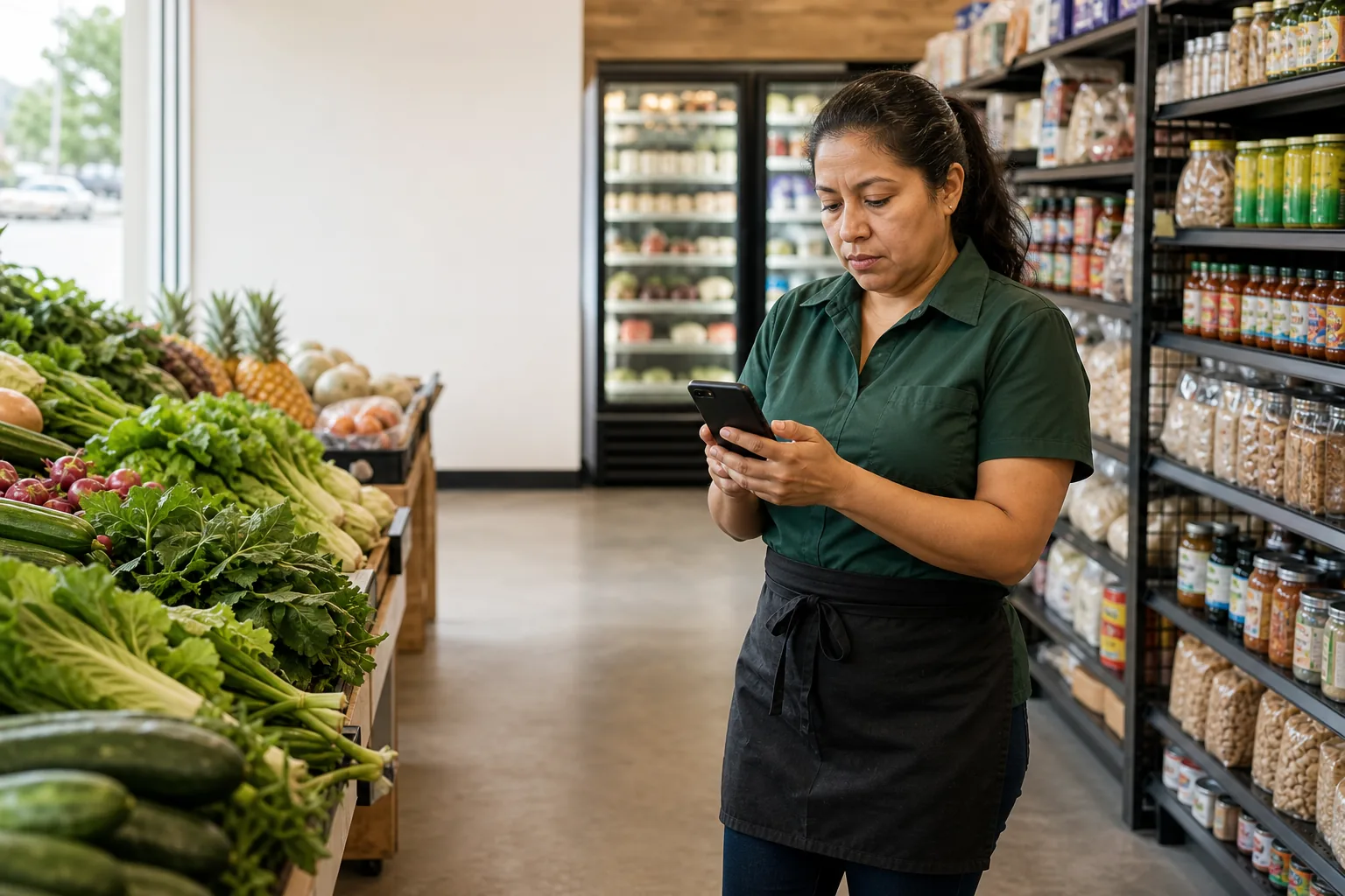 A grocery-store manager checking inventory on her phone