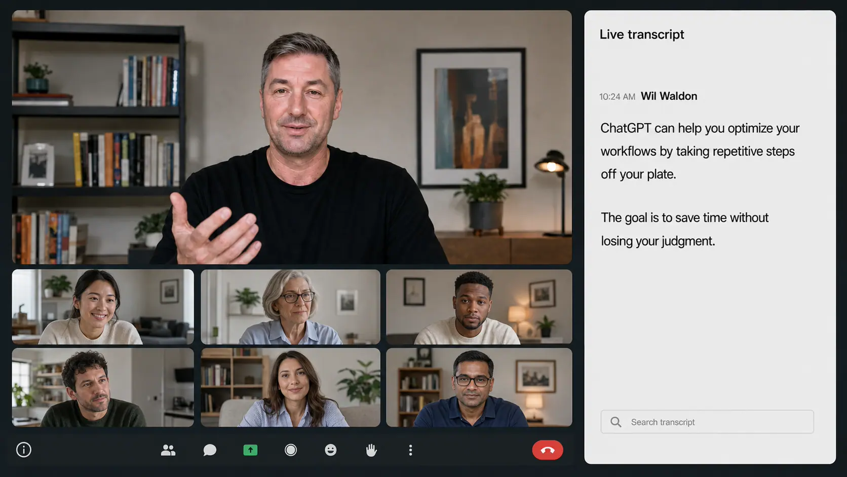 Wil Waldon leading a live online AI training session with six attendees